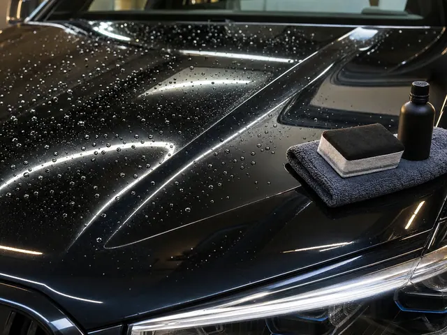 Water beading on the coated black bonnet of a BMW X5, an applicator and an unlabelled bottle on a microfibre towel at its edge.