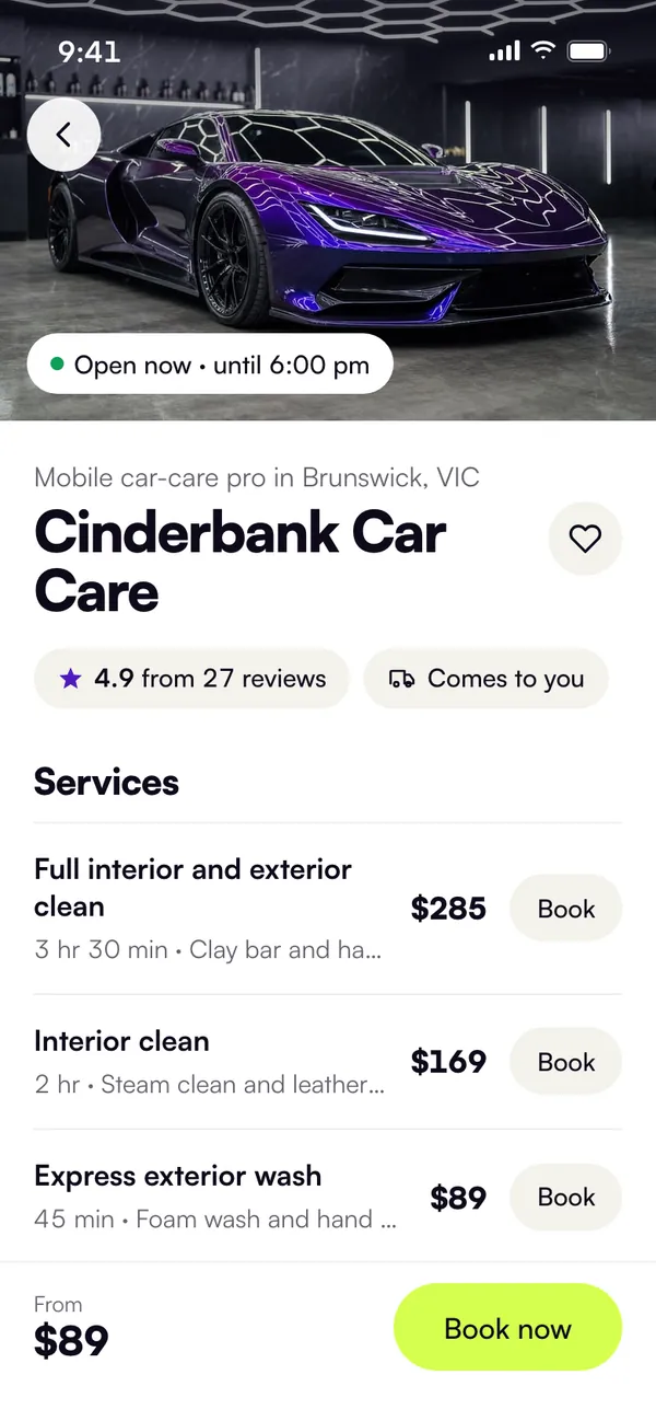 A pro's page on a phone, for a fictional mobile car care pro in Brunswick: open now, comes to you, three services with a Book button each, and Book now at the foot.