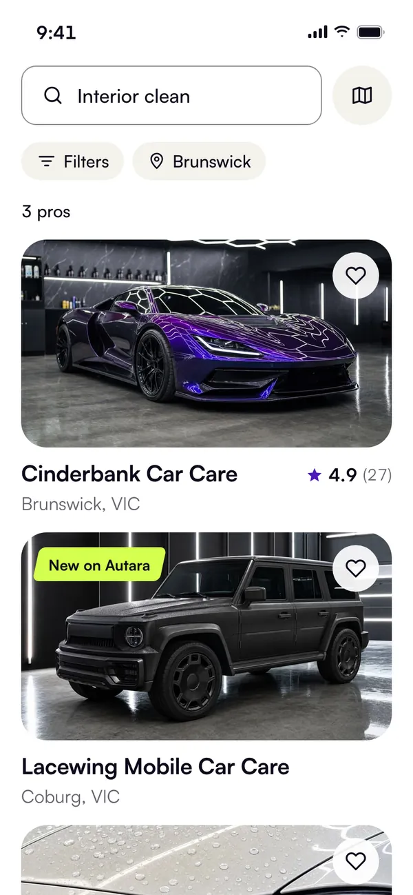 Search results on a phone: a search for an interior clean in Brunswick, three fictional pros, each with their suburb and their rating, or New on Autara for one with no reviews yet.
